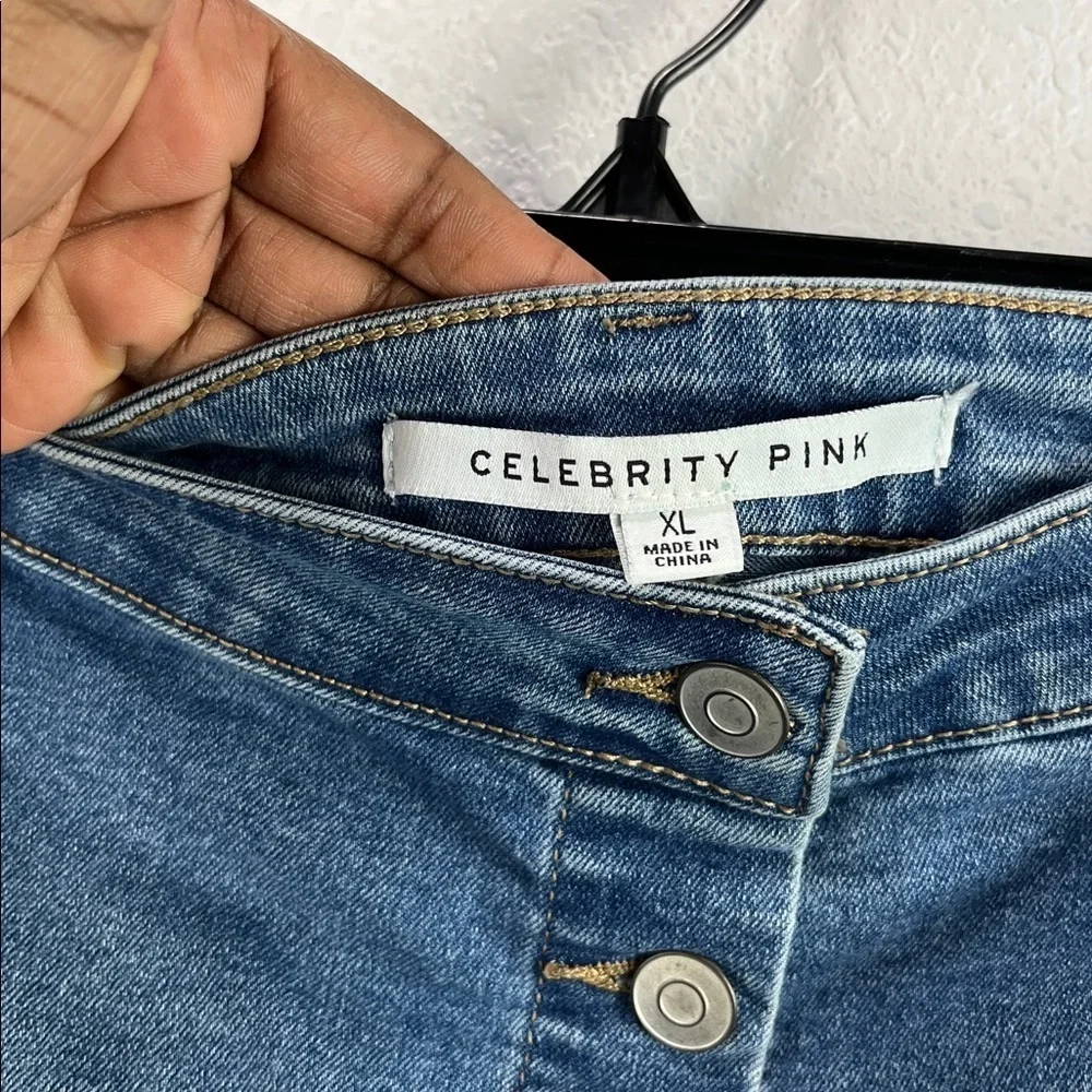Celebrity Pink Skirt Women XL Blue Button Front A-Line Mini Stretch Denim TC0413